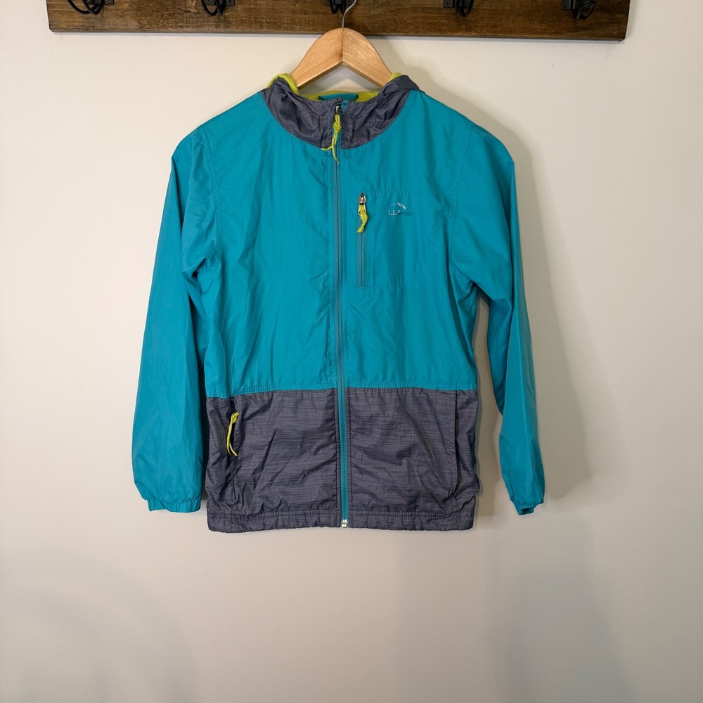 LL Bean Kids Teal Grey Colorblock Hooded Windbreaker Jacket M 10-12 501253